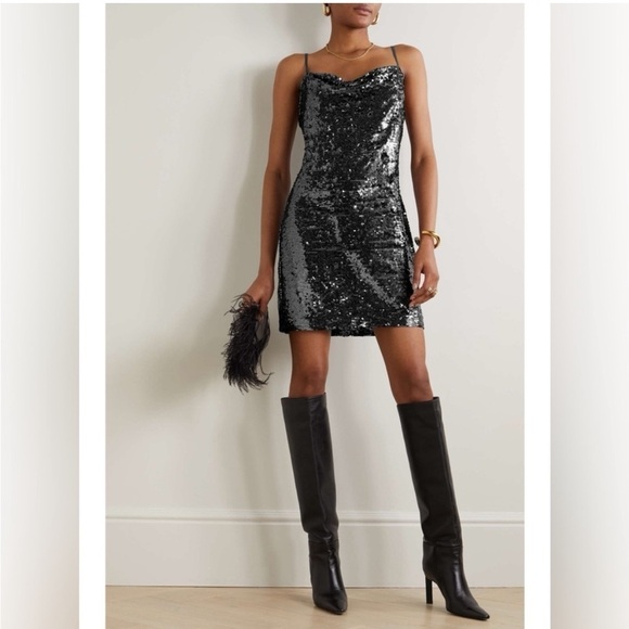 New L’Agence Nyla Sequin Embellished Charcoal Gray Black Mini Dress Cowl Sz 2 - Picture 3 of 13